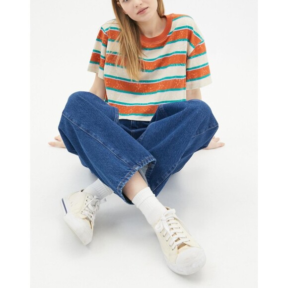 BDG Urban Outfitters Twin Flame Cropped Tee Top Striped Printed Cotton XS 258630 - Picture 2 of 8